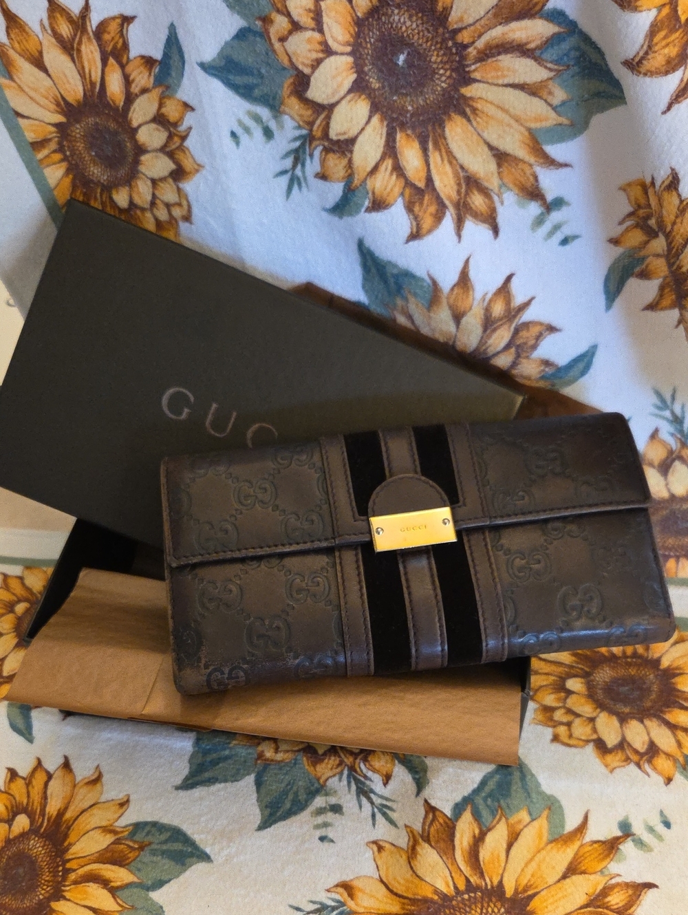 Gucci Black and Brown Embossed GG Continental Wallet with Gold Plate